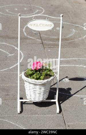 Vaso di fiori bianco con fiori e cornice con l'iscrizione Welcome in piedi sulla strada, Germania Foto Stock