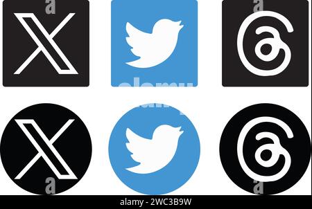 Logo Twitter blu e nero, nuovo logo, logo Threads Illustrazione Vettoriale
