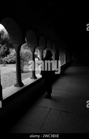 Donna in silhouette in piedi davanti a un arco a Sciaffusa, Svizzera Foto Stock