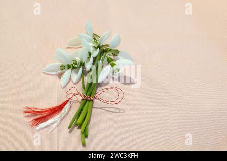 .Bouquet di fiori di gocce di neve legato con cordoncino rosso e bianco con nappine su morbido sfondo rosa Foto Stock