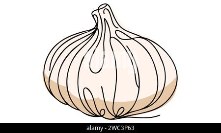 Aglio in stile disegno a linee continue. Schizzo lineare minimalista nero a bulbo d'aglio isolato su sfondo bianco. Illustrazione Vettoriale