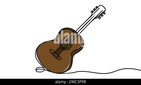 Un disegno a linea singola di chitarra acustica classica in legno. Illustrazione Vettoriale