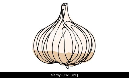 Aglio in stile disegno a linee continue. Schizzo lineare minimalista nero a bulbo d'aglio isolato su sfondo bianco. Illustrazione Vettoriale