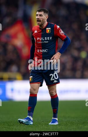 Genova, Italia. 13 gennaio 2024. Stefano Sabelli del Genoa CFC reagisce durante la partita di serie A tra Genoa CFC e Torino FC. Crediti: Nicolò campo/Alamy Live News Foto Stock