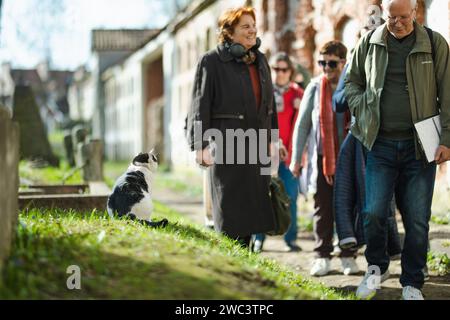 VILNIUS, LITUANIA - 20 APRILE 2023: Turisti che guardano il famoso gatto bianco e nero seduto su una lapide in un giorno di sole nel cimitero Bernardine di Viln Foto Stock