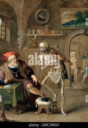 "Morte e il Miser" del pittore fiammingo Frans Francken il giovane (1581-1642) che mostra un misero visitato dalla morte nei suoi ultimi momenti mentre conta il suo denaro. Olio su rame. Foto Stock