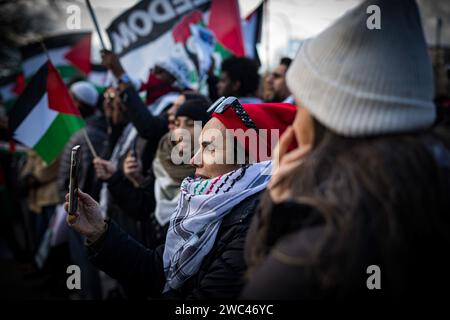 Arlington, Virginia, USA. 13 gennaio 2024. Migliaia di manifestanti pro-Palestina hanno riempito le strade di Washington, Distretto di Columbia, il 13 gennaio 2024, per esortare gli Stati Uniti a smettere di sostenere la campagna militare israeliana a Gaza. La marcia, che è stata la seconda del suo genere dall'inizio dell'offensiva israeliana nell'ottobre 2023, è stata organizzata da una coalizione di gruppi musulmani e anti-guerra. Gli organizzatori hanno sostenuto che più di 300.000 persone provenienti da stati e contesti diversi hanno partecipato al raduno, chiedendo il rilascio di tutti gli ostaggi a Gaza e dei prigionieri politici in Israele, e Foto Stock