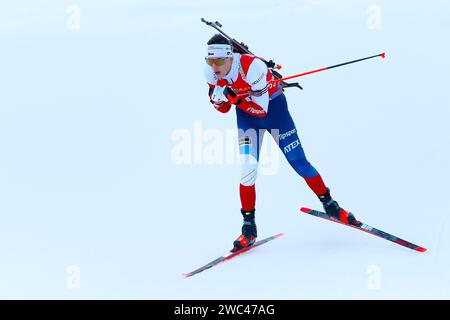 RUHPOLDING, GERMANIA - 13 GENNAIO 2024: Sprint maschile. Ruhpolding Biathlon World Cup 2024 alla Chiemgau Arena Foto Stock