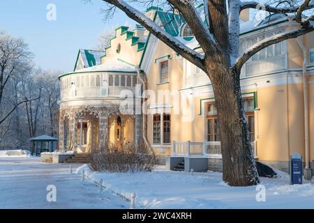 PETERHOF, RUSSIA - 7 DICEMBRE 2023: Presso l'antico palazzo di campagna di famiglia dell'imperatore russo Nicola i nel pomeriggio di dicembre. Alexandria Park Foto Stock