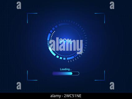 Background tecnologico, schermo di caricamento dei dati digitali Hi-tech tramite rete Mostra stato percentuale dati cerchio tecnologico high tech, sfondo blu, vecto Illustrazione Vettoriale