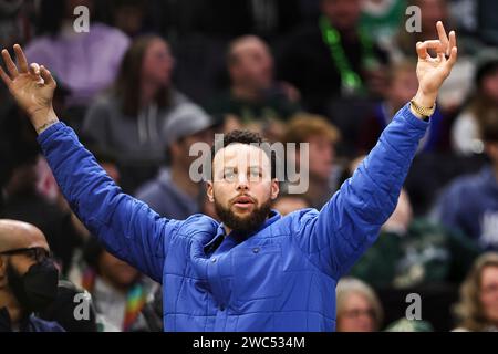 Milwaukee. 13 gennaio 2024. Stephen Curry, guardia dei Golden State Warriors, celebra un basket a 3 punti durante la partita della stagione regolare NBA tra i Milwaukee Bucks e i Golden State Warriors a Milwaukee, negli Stati Uniti, il 13 gennaio 2024. Crediti: Joel Lerner/Xinhua/Alamy Live News Foto Stock