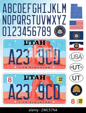 Modello di targa per auto dello stato dello Utah con arco, lettere, numeri e simboli, illustrazione vettoriale, USA, Stati Uniti d'America Illustrazione Vettoriale