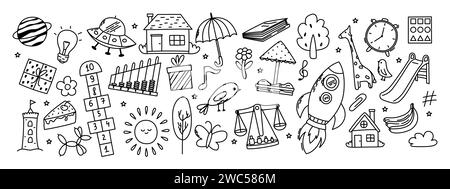 Set di doodles per l'asilo. Farfalla, giocattoli, fiori, ombrello, casa, sole, albero, animali e altri elementi. Illustrazione Vettoriale