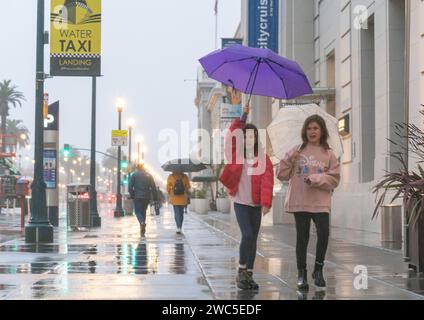 San Francisco, Stati Uniti. 13 gennaio 2024. La gente cammina in una strada sotto la pioggia a San Francisco, negli Stati Uniti, 13 gennaio 2024. Crediti: Li Jianguo/Xinhua/Alamy Live News Foto Stock