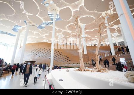 Pechino, Cina. 14 gennaio 2024. Questa foto scattata il 14 gennaio 2024 mostra una vista interna della Biblioteca di Pechino a Pechino, capitale della Cina. Molti cittadini hanno visitato la biblioteca recentemente aperta per trascorrere il loro tempo libero questo fine settimana. Crediti: Peng Ziyang/Xinhua/Alamy Live News Foto Stock