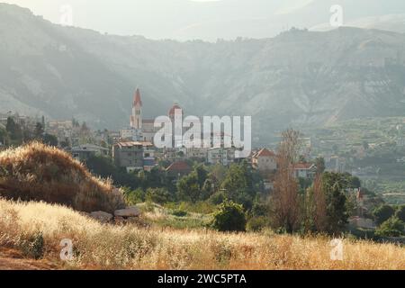 Chiesa di San Saba nella città libanese di Bcharre circondata da alberi. Foto Stock