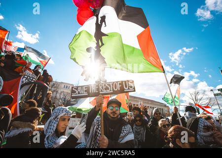 WASHINGTON D.C, D.C, USA. 13 gennaio 2024. Più di 400.000 manifestanti pro-palestinesi prendono le strade in una marcia nazionale a Washington DC per mostrare sostegno ai palestinesi e chiedere un cessate il fuoco e porre fine al genocidio a Gaza. (Immagine di credito: © Eman Mohammed/ZUMA Press Wire) SOLO USO EDITORIALE! Non per USO commerciale! Foto Stock