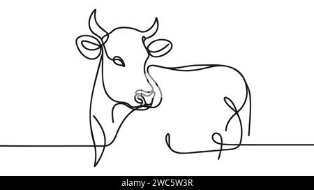 Mucca su pascolo in stile disegno a linee continue. Schizzo lineare nero minimalista della mucca radente isolato su sfondo bianco. Illustrazione vettoriale. Illustrazione Vettoriale