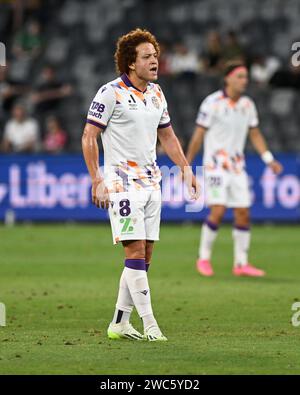 14 gennaio 2024; CommBank Stadium, Sydney, NSW, Australia: A-League Football, Perth Glory contro Wellington Phoenix; Mustafa Amini di Perth Glory Foto Stock