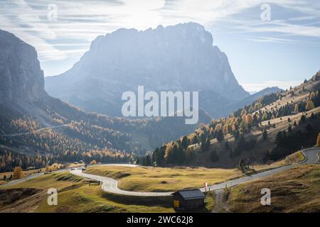 Strada curvilinea in alto valico alpino con prominenti montagne e boschi nei colori autunnali, Dolomiti, Italia Foto Stock