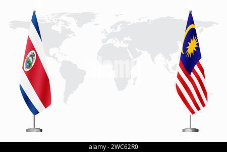 Costa Rica e Malaysia bandiere per un incontro ufficiale sullo sfondo della mappa mondiale. Illustrazione Vettoriale