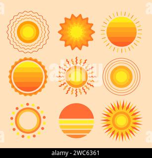 Set di soli caldi isolati su sfondo caldo. Illustrazione Vettoriale