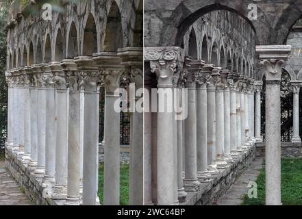 Colonne del chiostro restaurato di Sant'Andrea XII secolo, via di porta Soprana 12, Genova, Italia Foto Stock