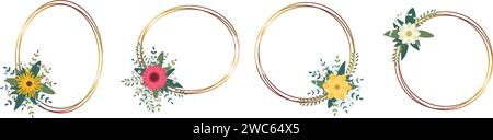 Set di cornici circolari dorate con disposizione. Perfetto per biglietti d'invito per matrimoni, modelli di lusso. Illustrazione vettoriale. Illustrazione Vettoriale