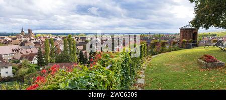 Vista panoramica dal castello d'Isenbourg e dalle terme del pittoresco villaggio di Rouffach Haut-Rhin, nel Grand Est della Francia nord-orientale Foto Stock