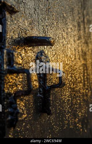 Serratura di una vecchia porta metallica colpita da una luce susnet a Red Hook, Brooklyn, New York Foto Stock