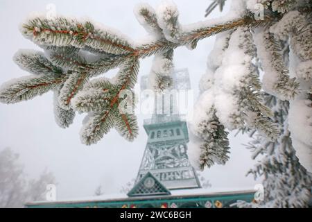 14 gennaio 2024, Sassonia-Anhalt, Südharz: Il paesaggio di Joseph's Cross è coperto di fosforo la domenica. La Joseph's Cross sull'Auerberg, nelle montagne Harz meridionali vicino a Stolberg, è anche una destinazione popolare in inverno. La costruzione in ferro alta 38 metri, eretta nel 1896 secondo i piani di Friedrich Wilhelm Schinkel, è considerata la più grande doppia croce del mondo. Foto: Matthias Bein/dpa Foto Stock