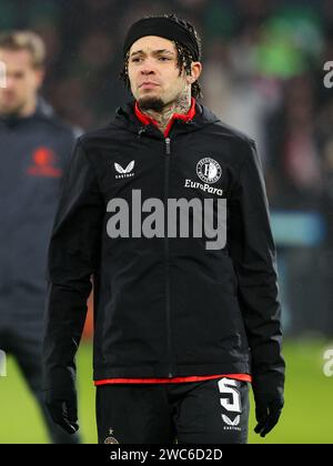 ROTTERDAM, NEDERLAND - 14 GENNAIO: Riscaldamento di Quilindschy Hartman di Feyenoord durante l'incontro olandese Eredivisie tra Feyenoord e NEC Nijmegen allo Stadion Feijenoord il 14 gennaio 2024 a Rotterdam, Nederland. (Foto di Hans van der Valk/Orange Pictures) Foto Stock