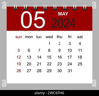 Maggio 2024. Modello di calendario mensile vettoriale 2024 anni in stile semplice per la progettazione di modelli. La settimana inizia dalla domenica. Illustrazione Vettoriale
