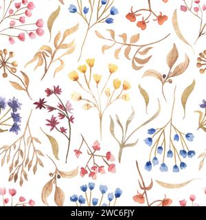 Motivi floreali essiccati ad acquerello motivo senza cuciture, ramificazione delle foglie e fiori selvatici carta per ritocchi, fiori di prato disegno tessile Foto Stock