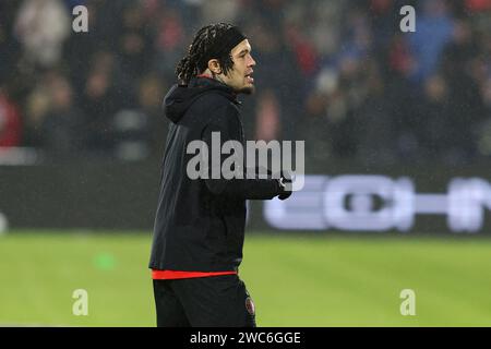 ROTTERDAM, NEDERLAND - 14 GENNAIO: Riscaldamento di Quilindschy Hartman di Feyenoord durante l'incontro olandese Eredivisie tra Feyenoord e NEC Nijmegen allo Stadion Feijenoord il 14 gennaio 2024 a Rotterdam, Nederland. (Foto di Hans van der Valk/Orange Pictures) Foto Stock