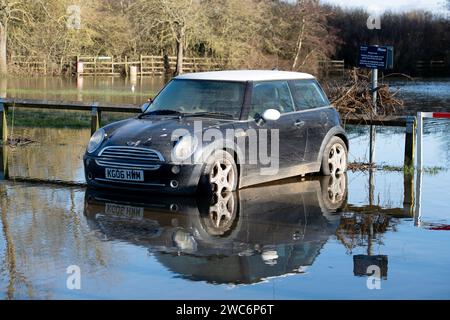 Wallingford, Oxfordshire, Regno Unito. 14 gennaio 2024. Il fiume Tamigi a Wallingford, Oxfordshire, è scoppiato questa settimana e ha inondato il Riverside Car Park. Alcune auto erano completamente sommerse dalle acque alluvionali. Un mini polo VW attendono il recupero. Credito: Maureen McLean/Alamy Live News Foto Stock