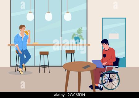 Uomo disabile che lavora in un bar. Lavoro remoto freelance. Ragazzo seduto in sedia a rotelle. Persona ferita al notebook. Accesso al ristorante per disabili. Tecnologia online. Ufficio nel ristorante. Concetto vettoriale Illustrazione Vettoriale
