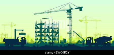 Costruzione di gru. Industria cittadina. Silhouette di città. Progetto di ricostruzione di case per lavoratori. Nuova torre. Betoniera. Carrello industriale. Panorama urbano. I grattacieli si costruiscono. Sfondo del progetto vettoriale Illustrazione Vettoriale