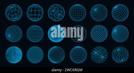 Forme astratte. Sfere di design a griglia 3D con particelle di punti. Elementi di figure del globo tecnologico. Blu neon. Cerchi concentrici. Pianeta orb. Icona geometrica. Banda di latitudine. Set di moduli arrotondati vettoriali Illustrazione Vettoriale