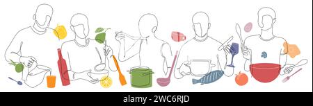 Arte gastronomica. La gente cucina. Art. Linea. Schema o poster dello chef culinario. Cucina in cucina. Prodotti freschi. Pesce e verdure. Il pasto si prepara a casa. Persone con utensili colorati. Sfondo del contorno vettoriale Illustrazione Vettoriale