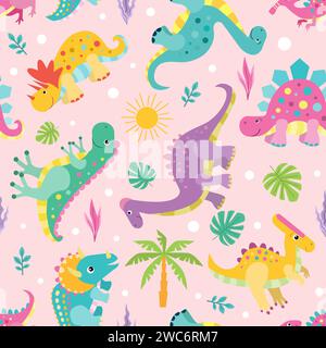 Modello senza cuciture con divertenti dinosauri colorati su sfondo rosa. Per il design di tessuti per bambini, carta da parati, carta da imballaggio, stampe, poster, scrapbooki Illustrazione Vettoriale