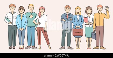 Personaggi giovanili. Persone uomo persona e donna in carica, studenti insieme, team aziendale si adatta in piedi. Colleghi, dipendenti e manager di sesso maschile e femminile. Set di cartoni animati semplici vettoriali isolati piatti Illustrazione Vettoriale