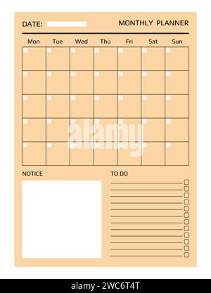 Pagina Planner. Organizzatore mensile, avviso ed elenco delle attività. Foglio cartaceo per la pianificazione, le attività di scrittura per il mese. Stencil bianchi vuoti con piani e modello di obiettivi. Set di mockup del calendario stampabile tramite vettore Illustrazione Vettoriale