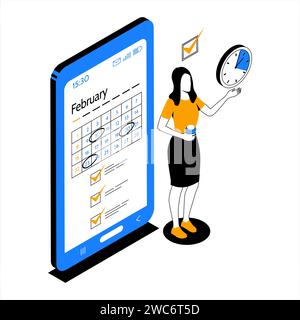 Gestione del tempo. Le persone organizzano un flusso di lavoro produttivo e un'agenda pianificata efficace. Calendario mensile. Applicazione mobile. Donna che sta pianificando un lavoro multitasking. Scadenza e obiettivi prioritari. Concetto vettoriale Illustrazione Vettoriale