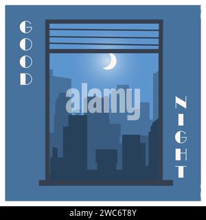 Orizzontale nella finestra. Vista sulla città da casa. Buon biglietto da visita. Paesaggio urbano notturno. Architettura urbana. Sagome di edifici moderni. Davanzale della casa. Luna nel cielo. Panorama vettoriale del centro di mezzanotte Illustrazione Vettoriale