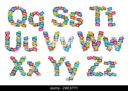 Lettere maiuscole e minuscole dell'alfabeto inglese Q, S, T, U, V, W, X, Y e Z, disposte da cassette audio colorate su sfondo bianco. Una risorsa f Foto Stock