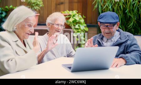 Anziani che usano il computer portatile e salutano durante una videochiamata all'aperto Foto Stock