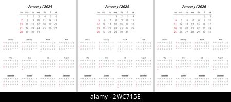 Calendario 2024, calendario 2025, calendario 2026 inizio settimana modello di pianificazione del design aziendale domenica Illustrazione Vettoriale