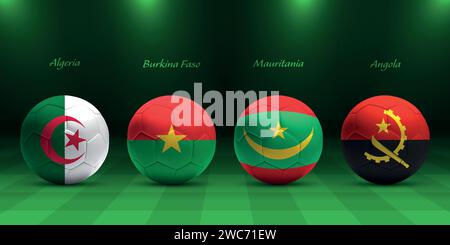 Torneo africano 2023, modello di calendario delle partite, gruppo D bandiere dei paesi africani Illustrazione Vettoriale