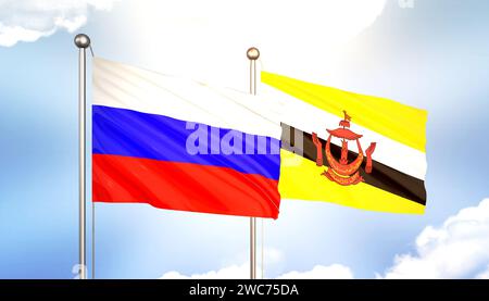 3D che sventola le bandiere della Russia e del Brunei sul cielo blu con Sun Shine Foto Stock